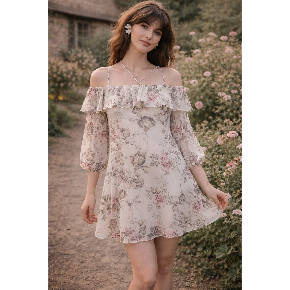 Embrace‎ Floral Cold Shoulder Ruffle Flowy Pastel Dress Pink M Cottagecore Fairy